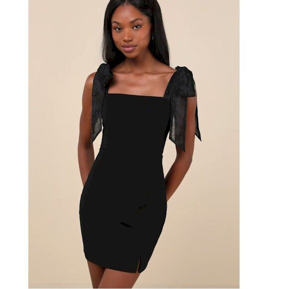 Lulus Beaming Perfection Black Pearl Organza Straps Mini Dress Size Medium NWOT - Picture 1 of 5